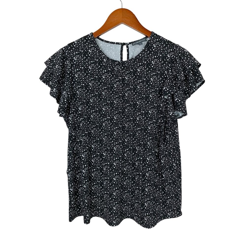 Adrianna Papell Blouse Black White Polka Dot Short Flutter Sleeves Women's M